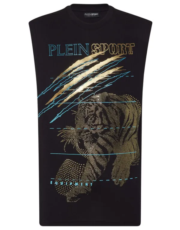 Philipp Plein Cotton Dotted T-shirt Round Neck Sleeveless Lamina Tiger black/lightgold Discount