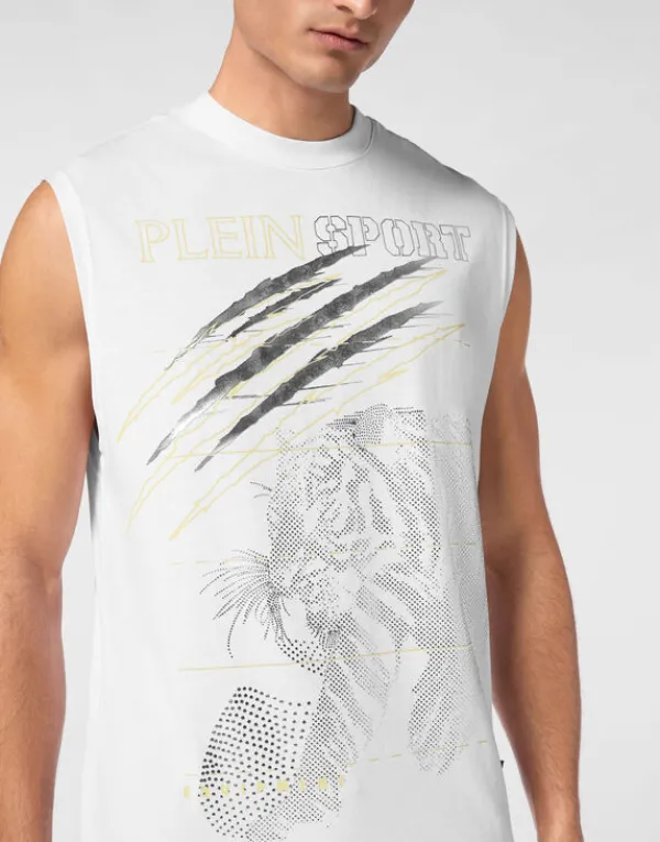 cotton_dotted_tshirt_roun_4.webp Philipp Plein Cotton Dotted T-shirt Round Neck Sleeveless Lamina Tiger white/lightgold Clearance