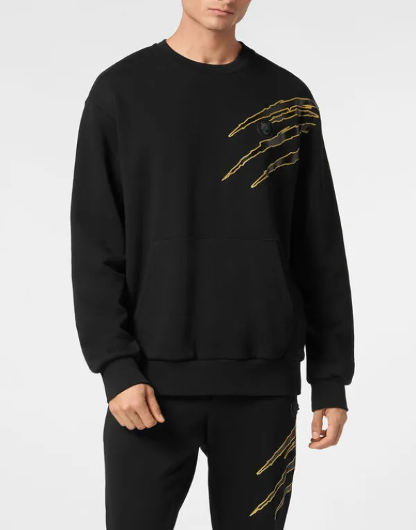 Philipp Plein Cotton Sweatshirt Round Neck LS Lamina Scratch black/lightgold Outlet