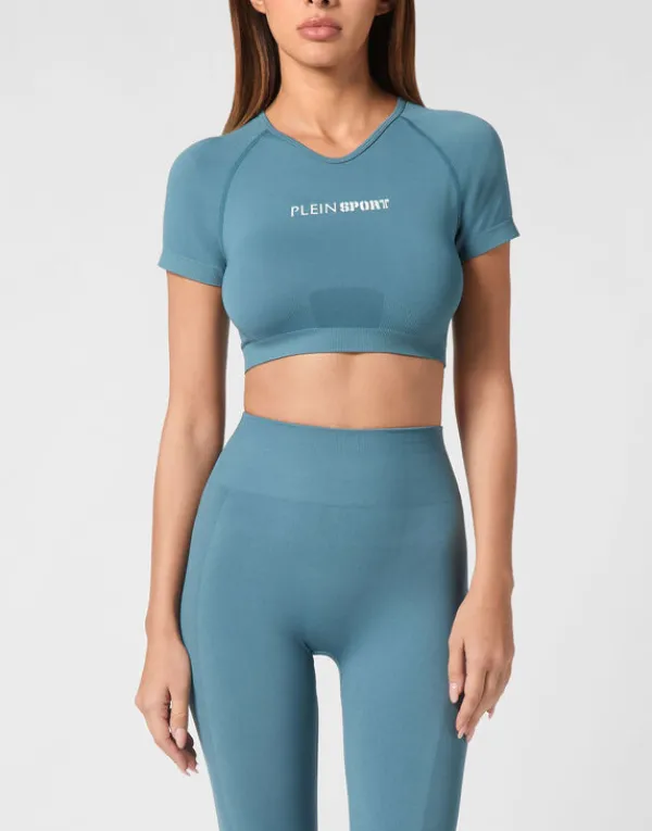 Philipp Plein Seamless Cropped T-shirt V-Neck SS Logo petrol Discount