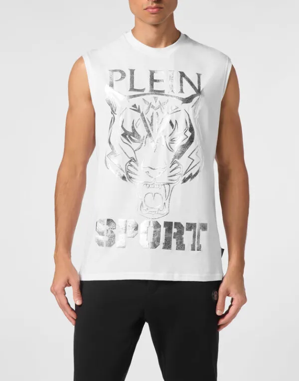 Philipp Plein Sleeveless T-shirt Round Neck SS Tiger white/silver Online